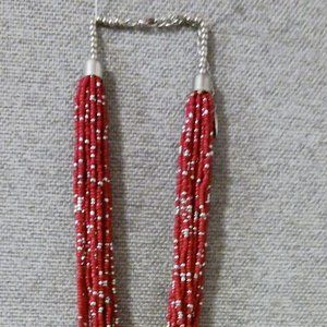Multi Stand Red and Silver Beaded Necklace